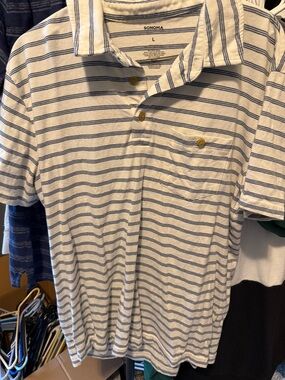 Sonoma Cream and Blue Striped Polo with Pocket